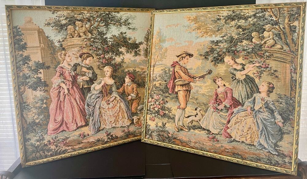 Vintage French Rococo Jacquard Tapestry Pair Courting Scene Wall Art Framed 19”